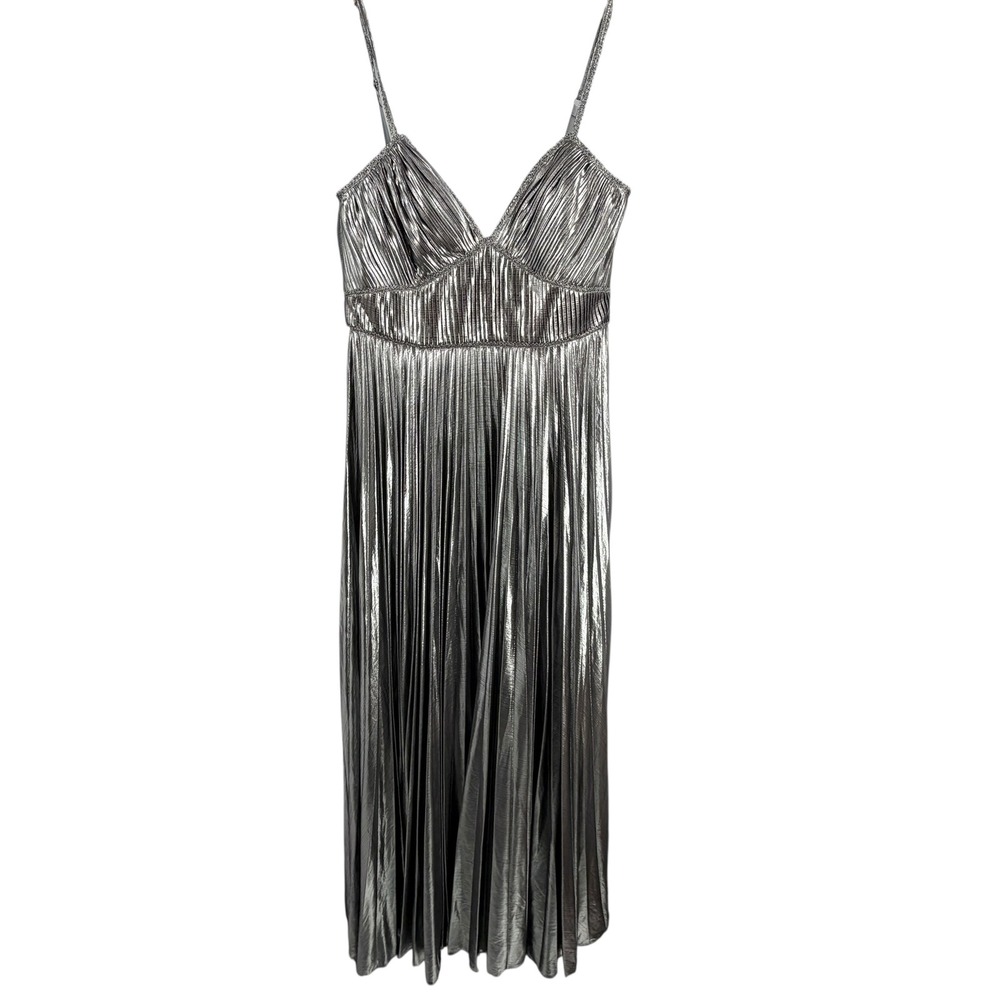 Marchesa Notte Dress Size 16 Silver Metallic Pleated Floor Length Gown‎